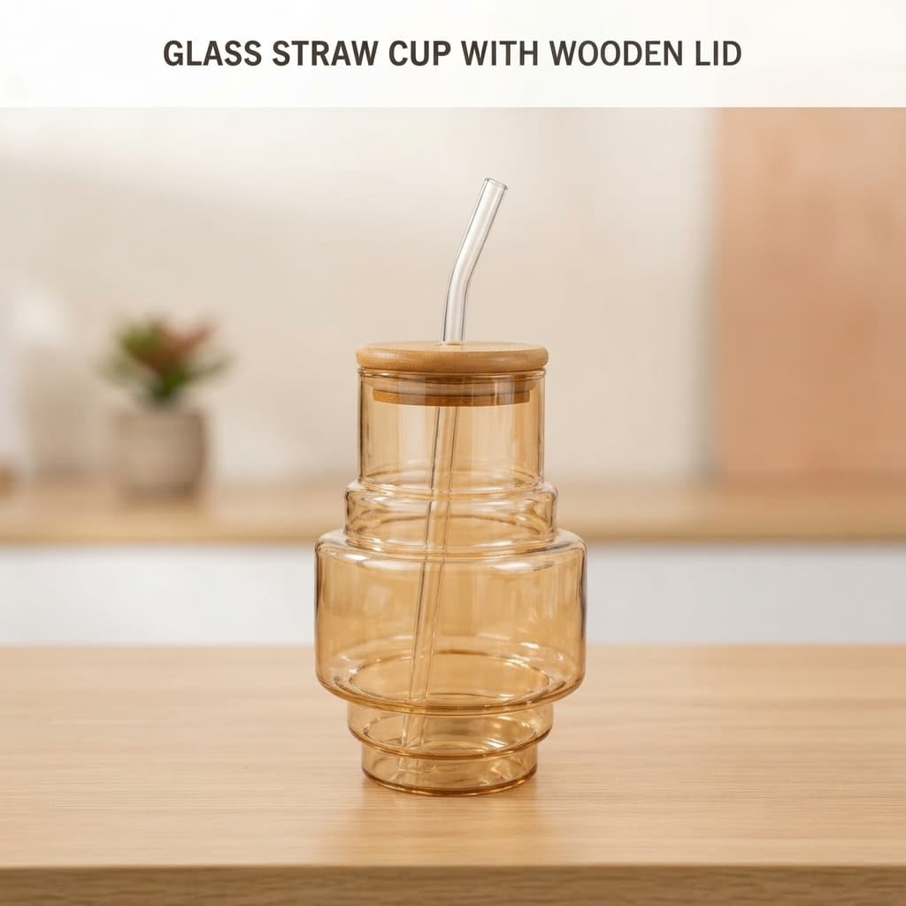 Glass Straw Cup with Wooden Lid